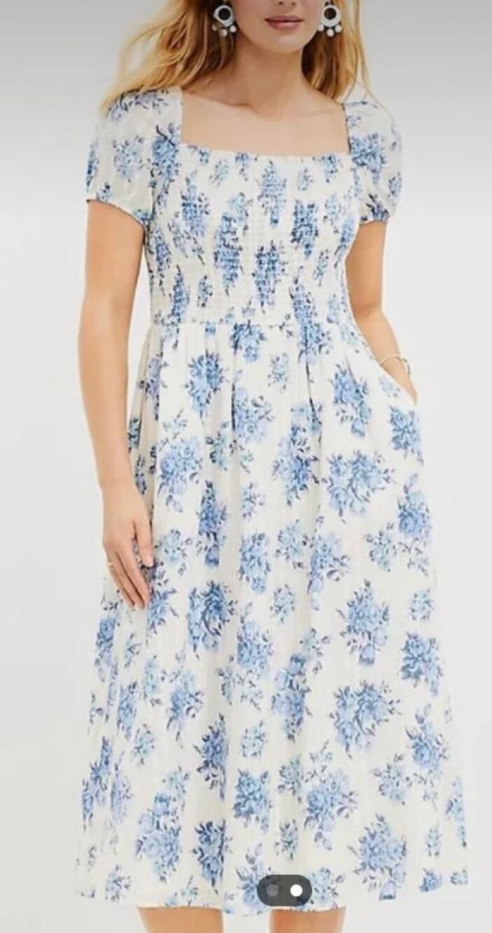 Smocked Puff Sleeve Delicate Blue Floral white midi dress. Small